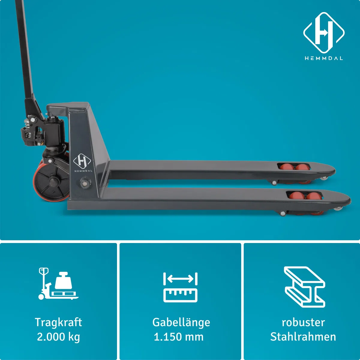 HEMMDAL Hubwagen | 2.000 kg Tragkraft | 1.150 mm Gabellänge | Lenkrad/Gabelrolle aus robustem Polyurethan | Tandem-Gabelrollen | Palettenhubwagen