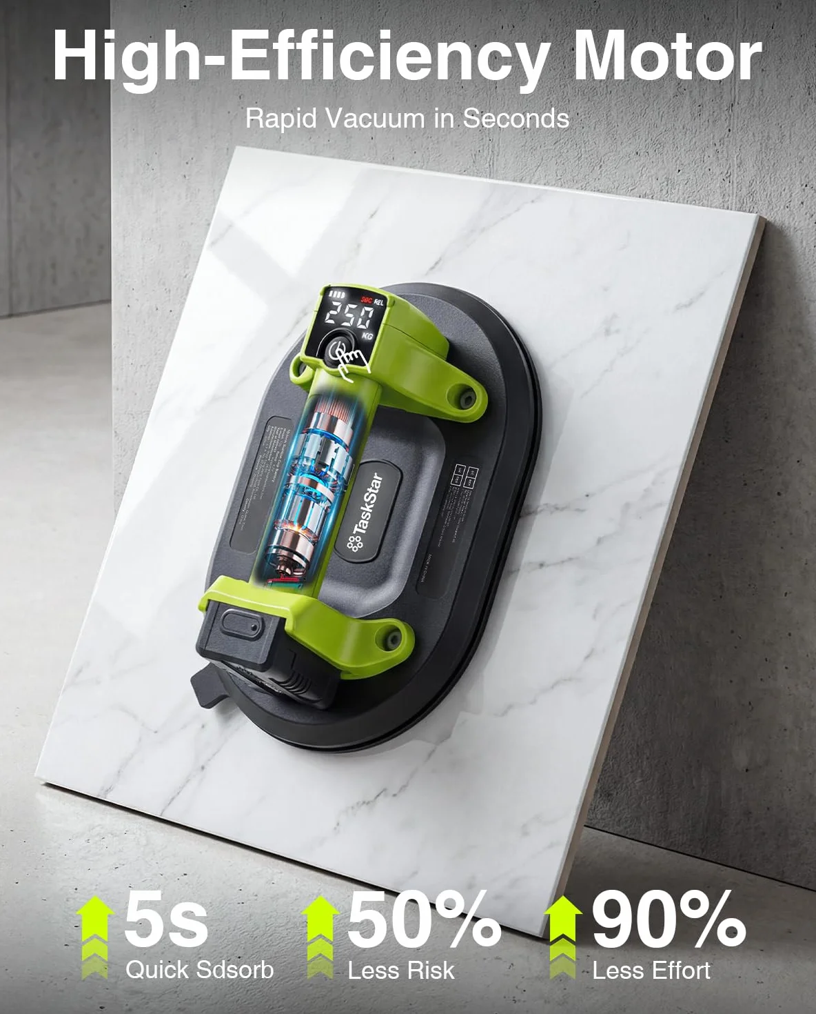 Taskstar Akku Saugheber für Fliesen, 25cm Elektrischer Vakuumheber mit 4x 3000mAh Akku, LCD-Anzeige, Plattenheber Vakuum Saugnäpfe für Glas, Terrassenplatten