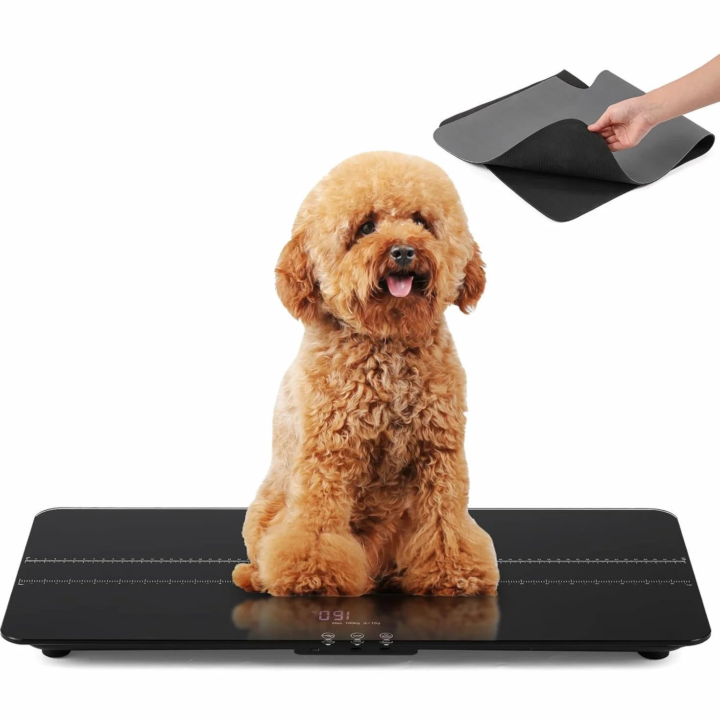 Bonvoisin Digitale Tierwaage bis 100 kg, Haustierwaage mit 10 g Genauigkeit & 3 Wiegemoden (kg/lb/st) – Große Gummimatte 68x33 cm, LCD-Display, Haltefunktion, USB-C Aufladung für Hunde und Katzen