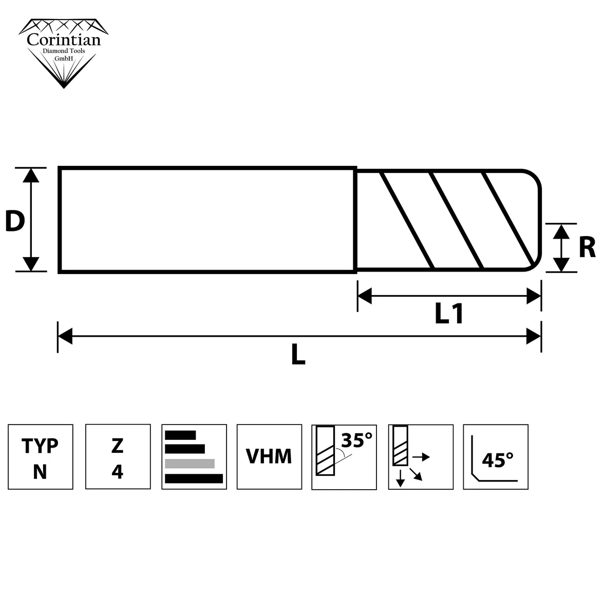 VHM Torusfräser Ecken Radius Schaftfräser 4 Zähne - AlTiN Beschichtung, Ø 3-10mm, Werkzeugbau und Formenbau, Umfangfräsen, Kopierfräsen, freier Hals - Ø 10 R0,5