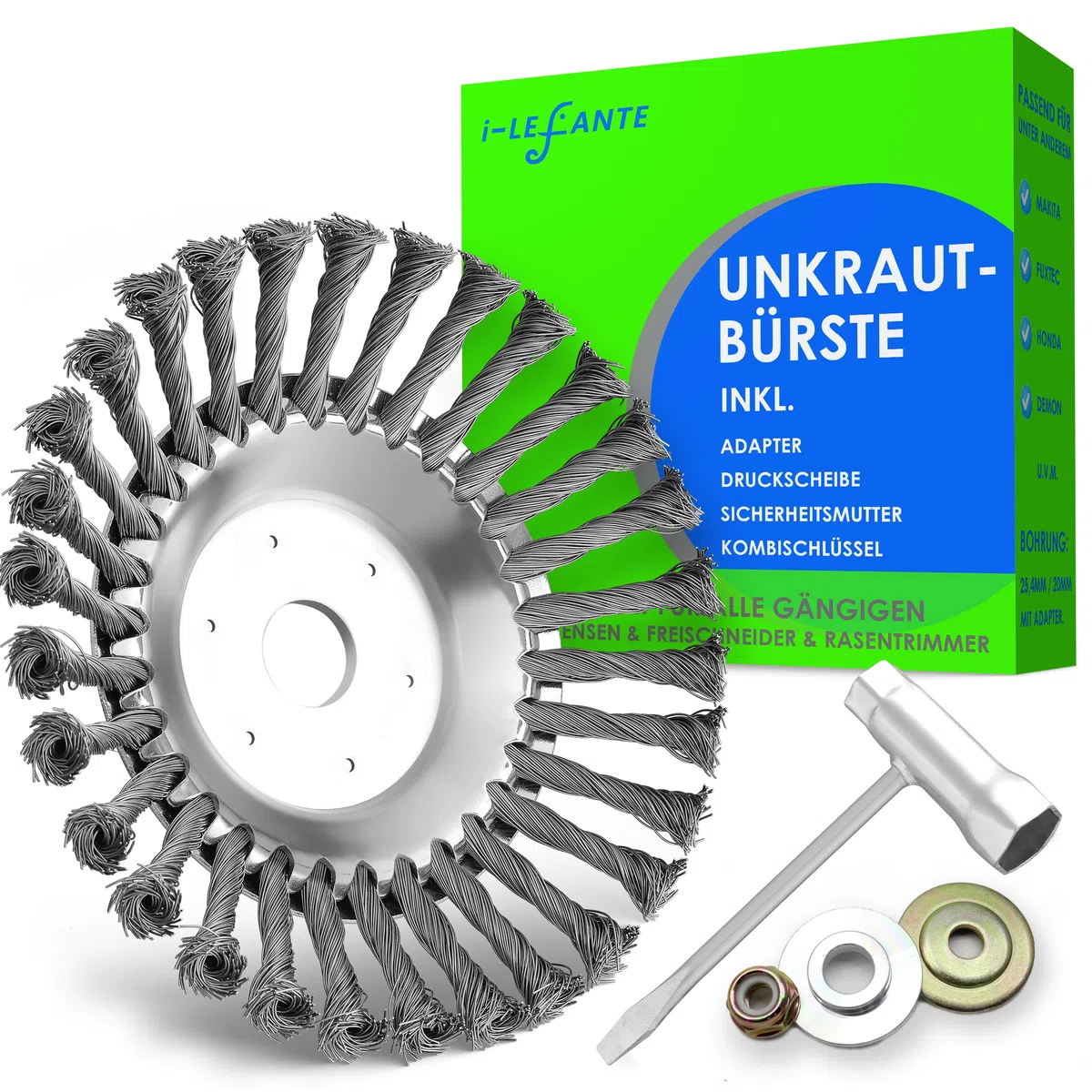 i-LEFNATE Unkrautbürste für Motorsense – 200x25,4mm Drahtbürste, Moos & Unkraut Entferner, robuste Stahlbürste für Garten, Pflasterfugen & Steinwege, inkl Adapter für 25,4mm & 20cm Bohrung