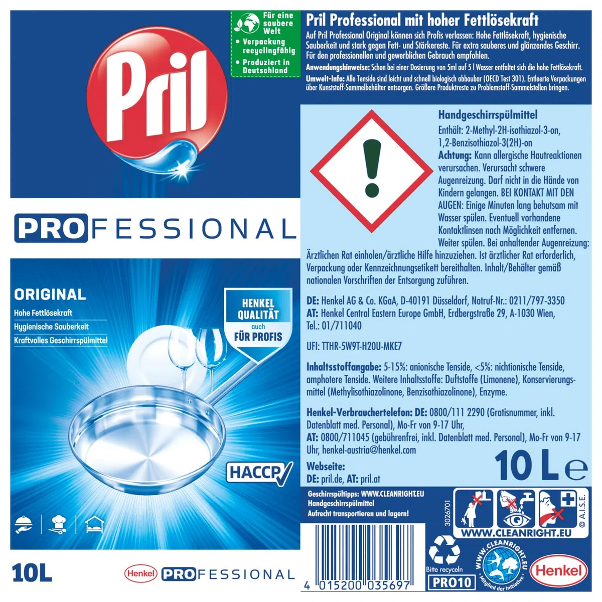 Pril Professional Original Handgeschirrspülmittel 10L – Profi Spülmittel mit Starker Fettlösekraft – für Gastronomie & Gewerbe – HACCP-konform