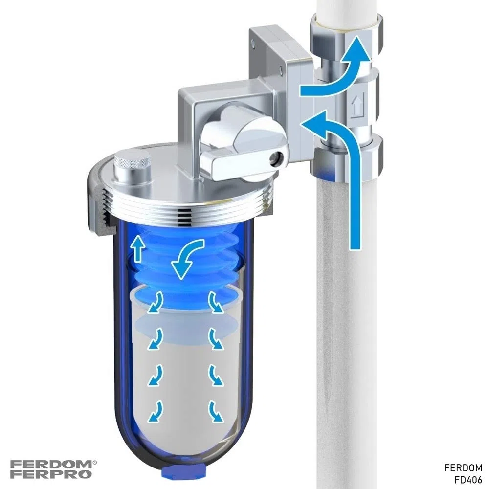 FERDOM Poliphosphatspender Feeder für Wassersysteme gegen Zunder und Korrosion. Ventil & Bypass, Messingkopf, blauer SAN-Behälter, 360 Grad 1/2 ”(DN15) Wasseranschluss. Mit Nachfüllung für 20m3 Wasser