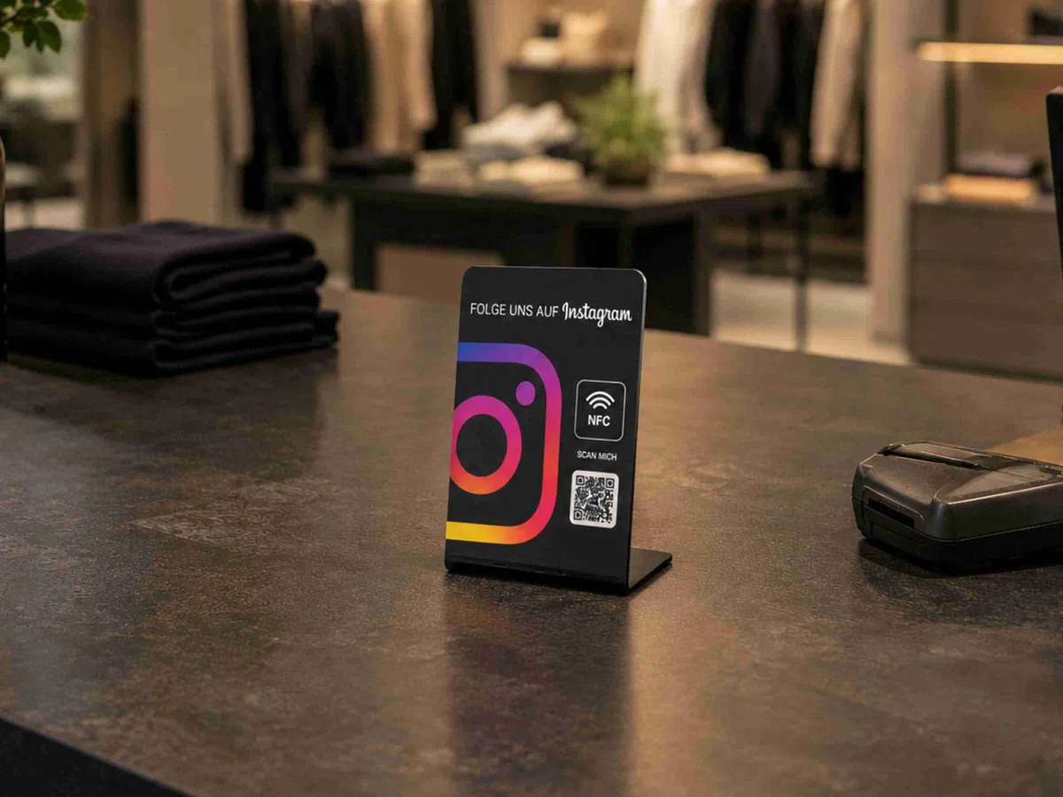 Instagram NFC Aufsteller, Acryl, 70 x 105 mm, fertig eingerichtet, mit NFC und QR-Code