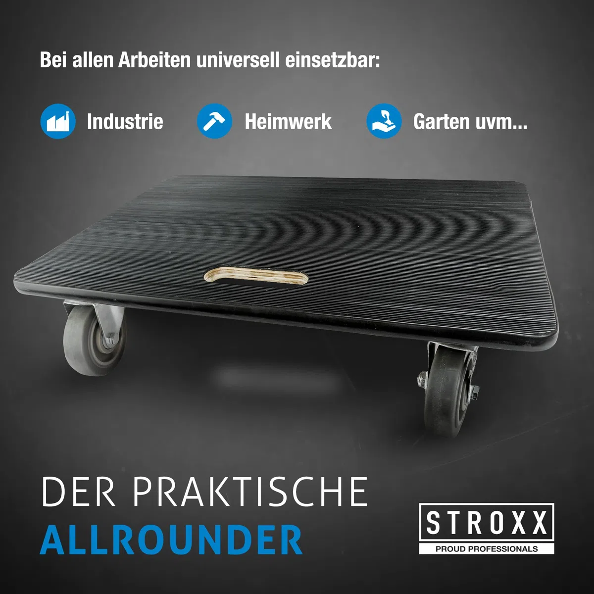 STROXX – 1x Transportroller mit 500kg Traglast (600 x 400 x 145mm) – Rollbrett mit rutschfestem Gummibelag – Möbelroller für Umzug & sperrige Gegenstände