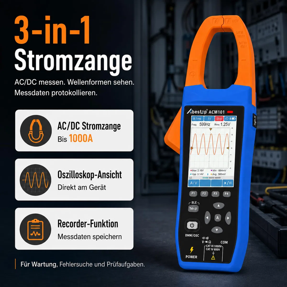 3-in-1 AC/DC Stromzange mit Oszilloskop, Bluetooth-App-Steuerung und CSV-Datenaufzeichnung, True RMS, 1000A/1000V, Einschaltstrom, NCV, 20.000 Zählwerte, wiederaufladbar für Elektro-, HLK- und Kfz-Ser