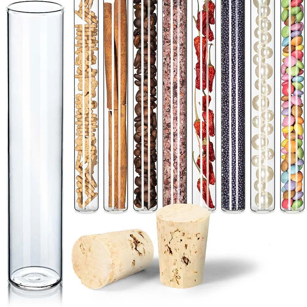 Tuuters Glas Reagenzgläser mit flachem Boden und Korken (100 x Ø 20mm) | 20ml Reagenzglas mit Naturkorken zum Hinstellen - Ideal als Gastgeschenk, Gewürzglas, für Blumensamen oder Geldgeschenke