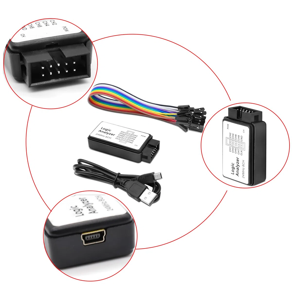 Logic Analyzer 8 CH, USB Logic Analyzer Gerät mit USB-Kabel 24MHz 8-Kanal UART IIC SPI Debug