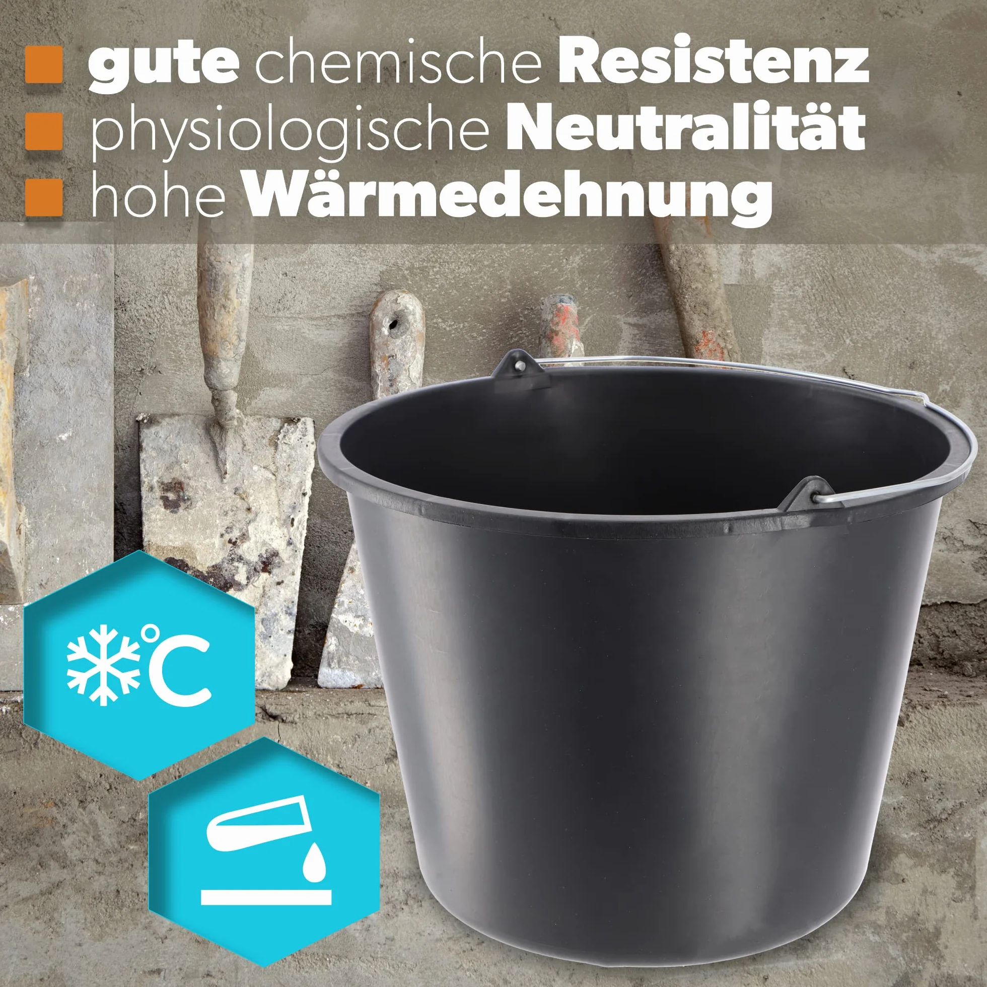 KADAX Baueimer, 20L, Mörteleimer aus Kunststoff, runder Eimer für Baustelle und Garten, Stabiler Wassereimer, Zementeimer mit Griff aus Metall, Mörtelkasten, schwarz, Putzeimer (12)