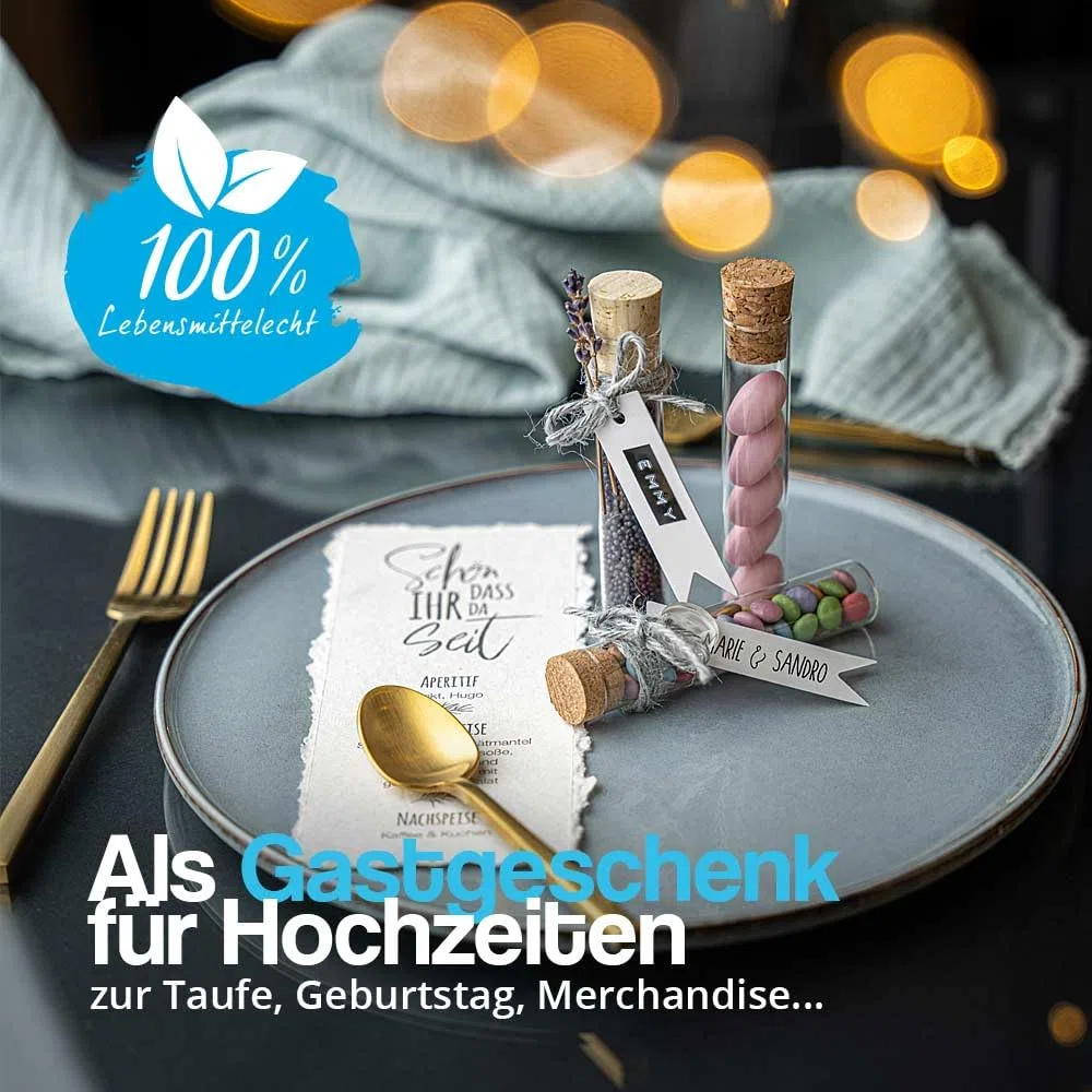Tuuters Glas Reagenzgläser mit flachem Boden und Korken (100 x Ø 20mm) | 20ml Reagenzglas mit Naturkorken zum Hinstellen - Ideal als Gastgeschenk, Gewürzglas, für Blumensamen oder Geldgeschenke