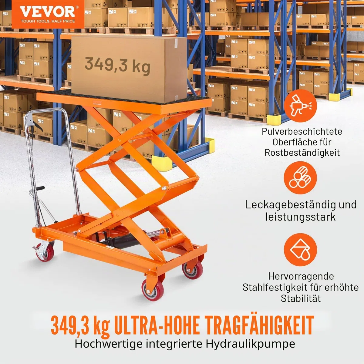 VEVOR Scherenhubtisch hydraulisch 350 kg Tragfähigkeit Hubtischwagen 350-1530 mm Hubbereich Hubtisch Werkstatt 905 x 510 mm Plattform Scherenhubwagen Doppelschere für Fabriken Lagerhäuser Supermärkte