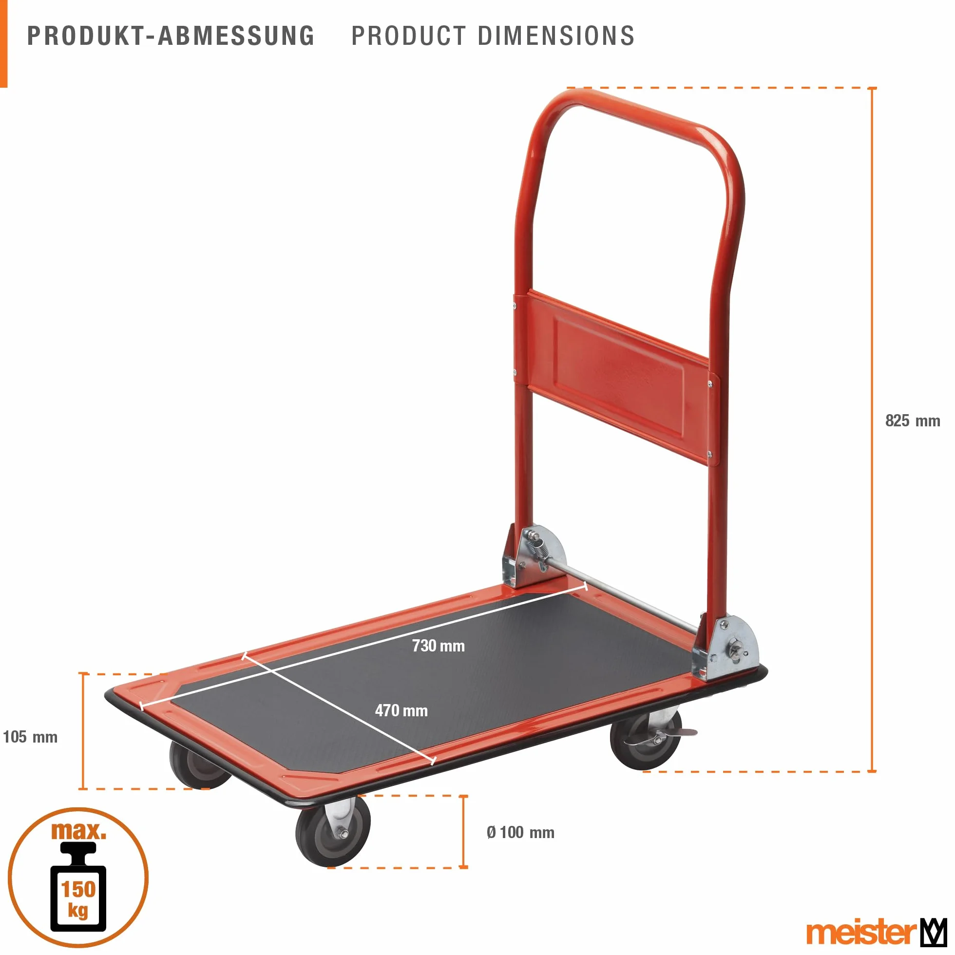 Meister Plattformwagen - Klappbar - Bis 150 kg Tragkraft - Feststellbremse / Transporthilfe mit Lenkrollen / Paketwagen mit Antirutsch-Beschichtung / Klappwagen aus Stahl / 8985400