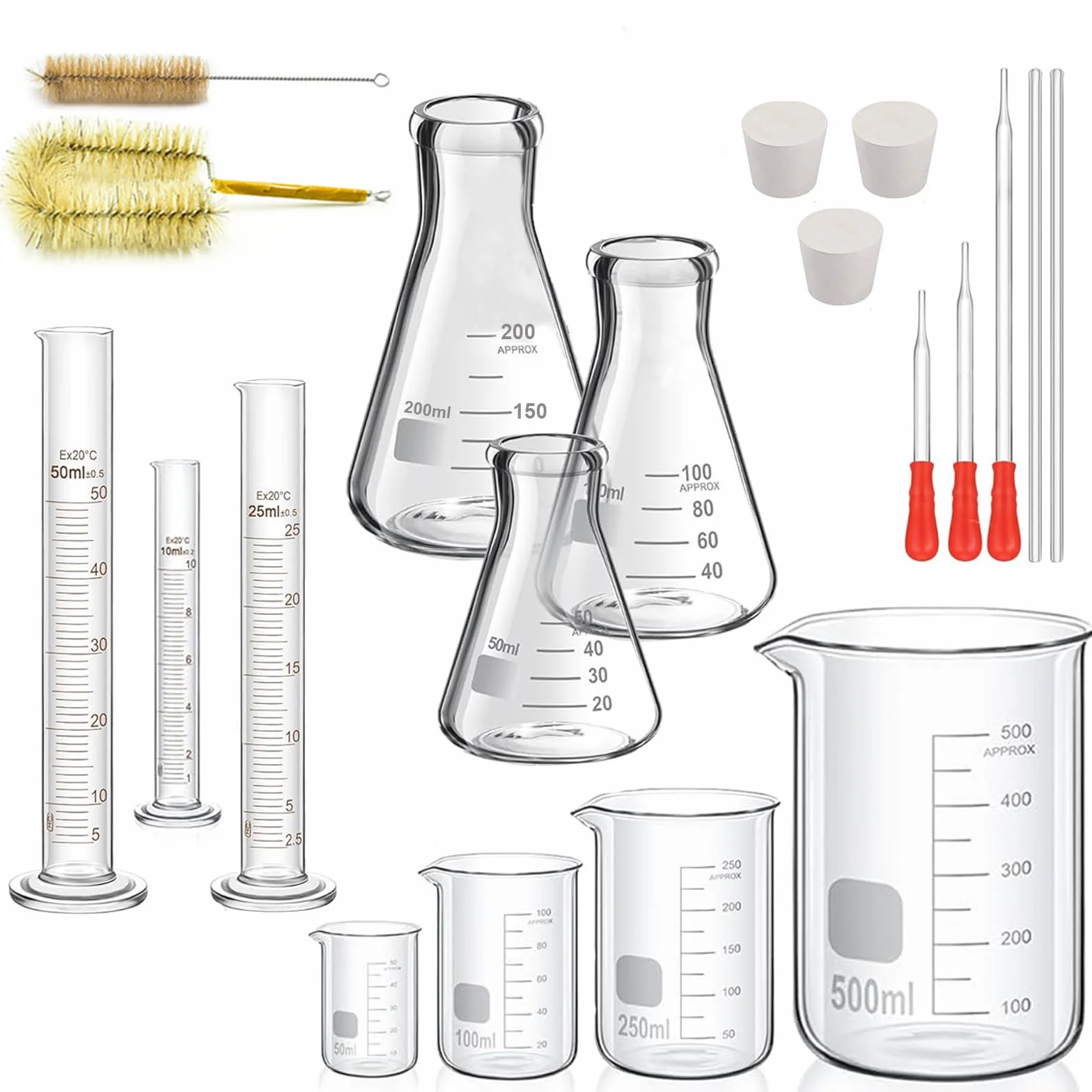 Bechergläser Erlenmeyerkolben Messzylinder Set, ZEEROQOLAB 4 Graduierten Becherglas, 3 Glasmesszylinder mit 3 Konisch Fläschchen, mit 3 Glas Pipetten, 2 Glas Rührstab und 2 Waschbürste