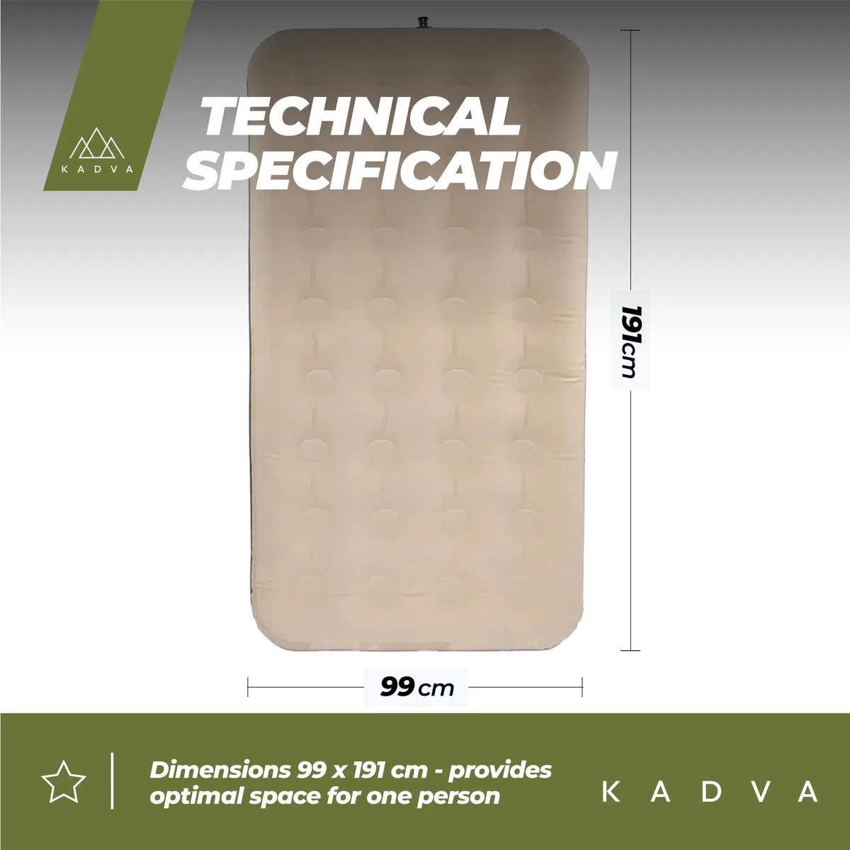 KADVA SINBED Single Luftmatratze in Beige (191x99x22 cm), Tragkraft 140 kg, auslaufsicher mit Doppelventil, PVC, Reparaturflicken. Ideal für Camping, Reisen, Zusatzbett.