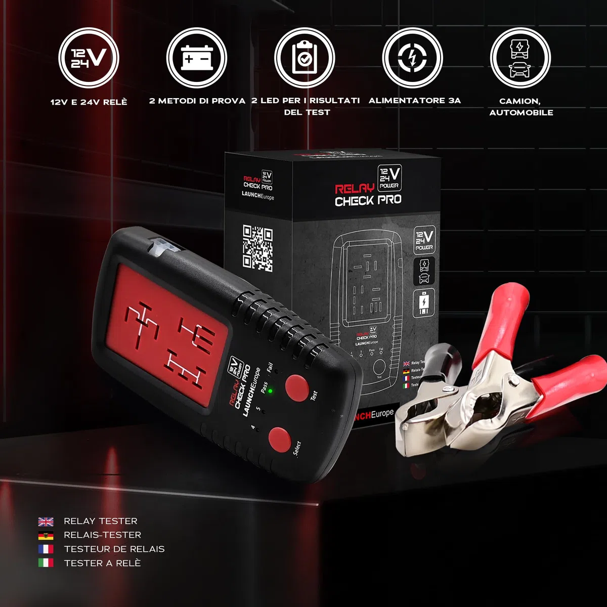 LAUNCH Europe RelayCheck Pro 12V/24V Relais Tester PKW LKW, Auto-Pin-Erkennung für 4/5-Pin, Belastete Kontaktprüfung, LED-Fehlercodes & Tasche, tragbares Diagnosegerät für KFZ & Industrie
