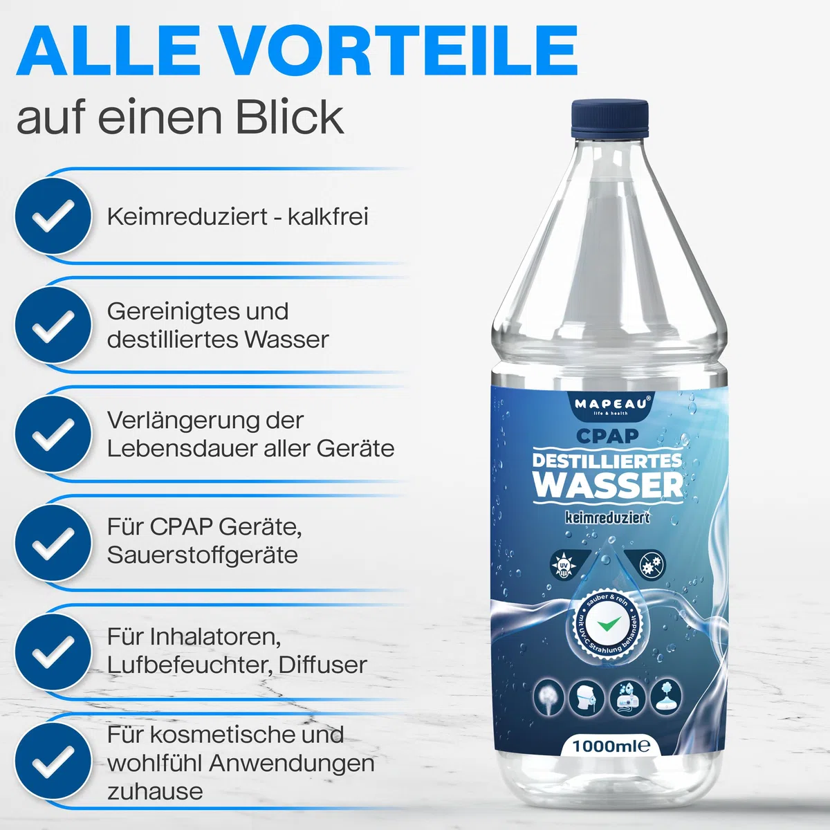 Mapeau CPAP Wasser 6 L für Sauerstoff-Geräte, CPAP Befeuchter Geräte, Inhalationsgerät, destilliertes Wasser keimreduziert für Luftbefeuchter (6x 1 Liter)