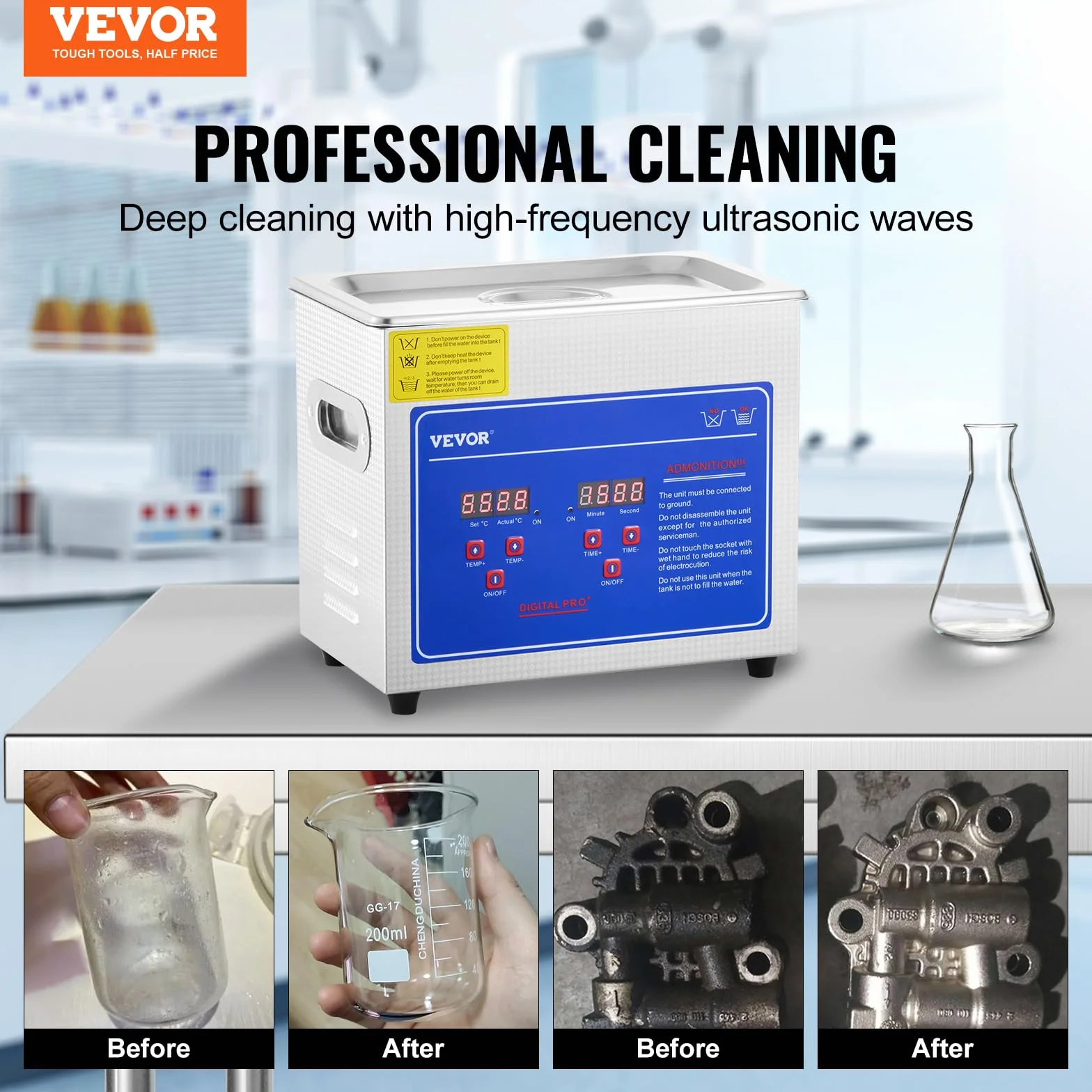 VEVOR Professioneller Ultraschallreiniger 2,85 L, Ultraschall-Reinigungsgerät mit Digitalem Timer & Heizung, Ultraschallreinigungsgerät 40 kHz für Brillen Uhren Ringe Kleinteile
