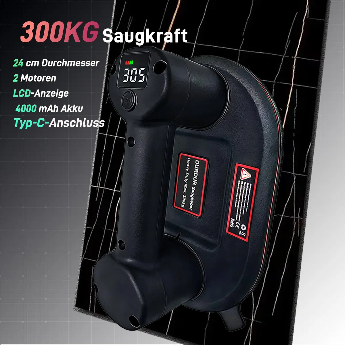DURDUR 300KG Akku Vakuum Saugheber,9.4 Zoll Akku Saugheber für Fliesen,Glas, Marmor Elektrischer Saugheber Fliesenheber Mit Auto-Nachsauge-Funktion[2 Motoren 2 * 2000 mAh Akku]