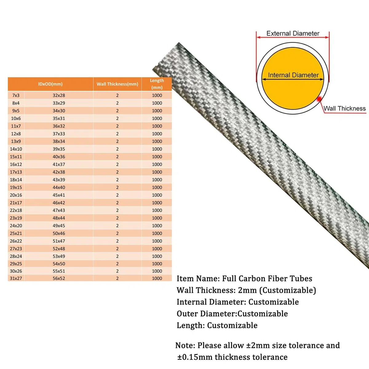 Carbohnfaserrohre Carbonfaserstäbe Kohlefaser-Rohr Runde glänzende Kohlefaserrohre, Silberne leichte Carbonfaser-Rohre mit 2mm Wandstärke, Twill Weave hohlen Carbon Rohr Stabilisator für DIY Segelboo