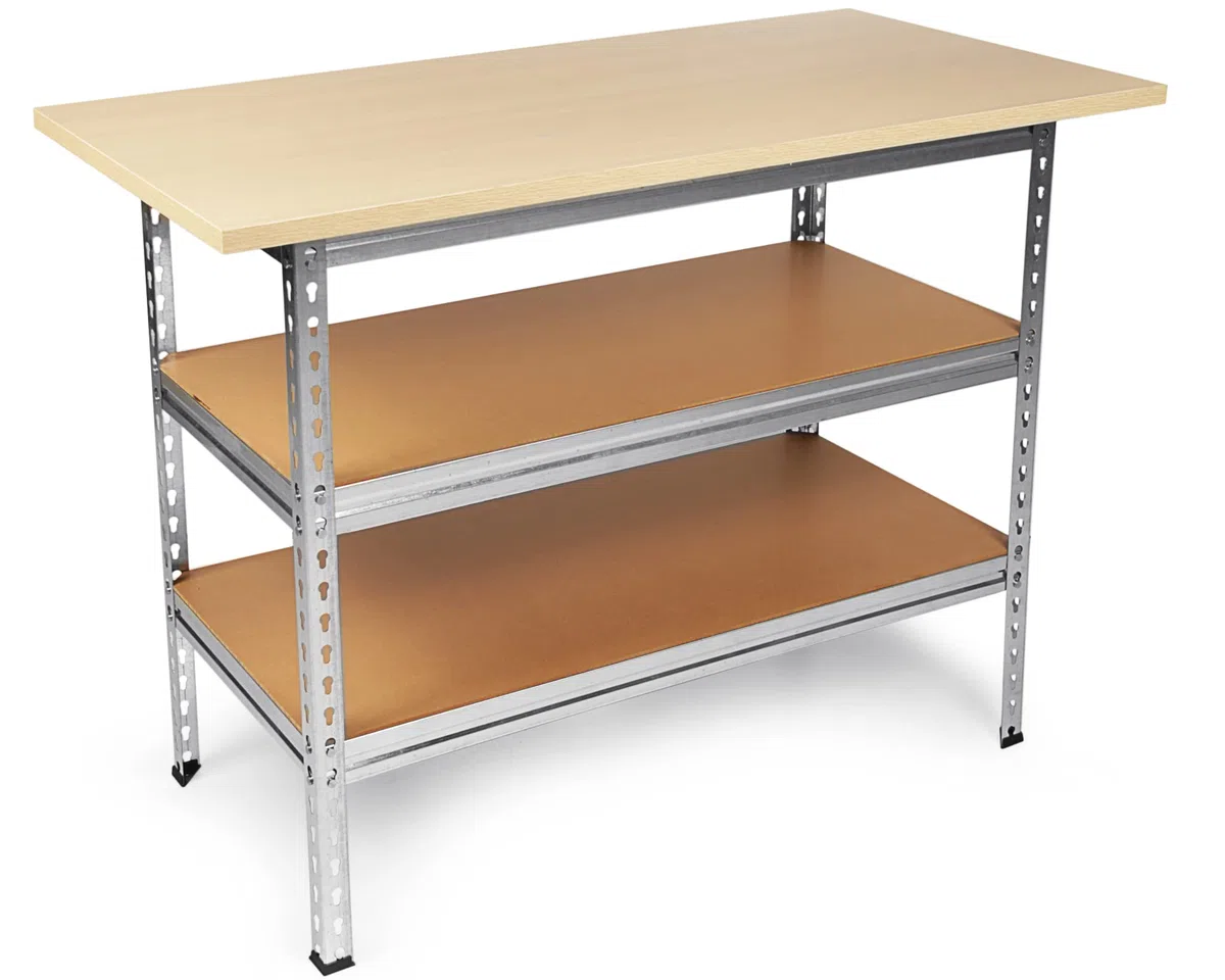 Ondis24 Werkstatt-Set Ecklösung Sparfuchs-Uwe 180 x 120 x 92 cm (H), 2X Werkbank aus Metall, melaminbeschichtete Arbeitsplatte, Problemlöser für Ecke