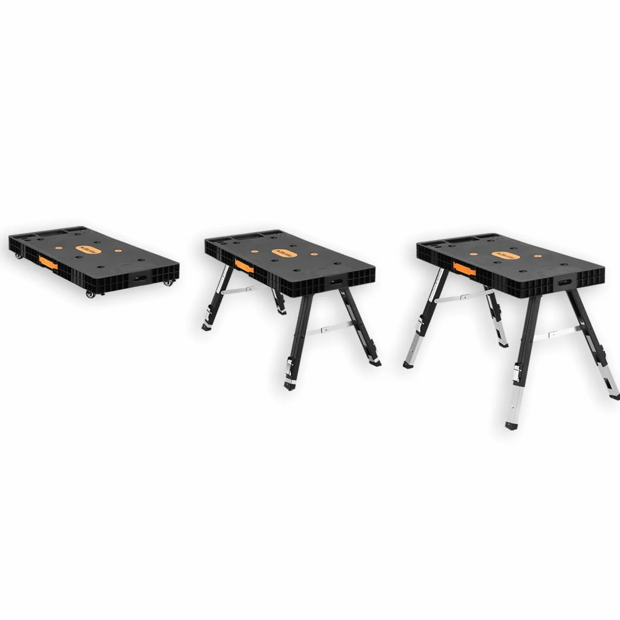 FUXTEC klappbare 5in1 Universal-Werkbank FX-WB – Werkbank/Arbeitstisch bis 150kg – höhenverstellbar bis 129x59x75cm – Transportroller mit Schubfächern – Werkstattbrett/Rollbrett