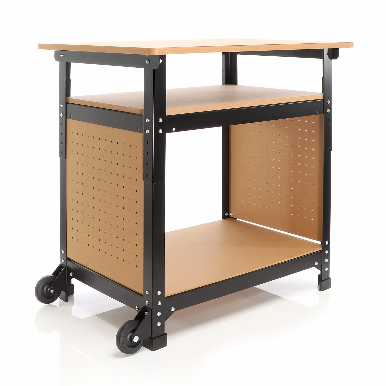 XPOtool Fahrbare Werkbank 69 x 51 x 66-82 cm, höhenverstellbarer Werktisch, Arbeitstisch mit 2 Rollen, 2 Ablagen und seitliche Lochwand