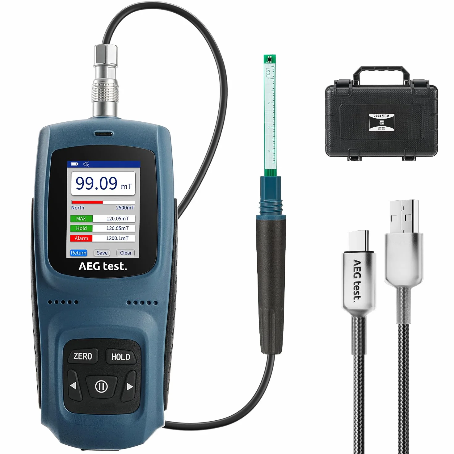 AEG-8103 Gaussmeter, wiederaufladbares Teslameter 0-2500mT, Magnetometer mit Datenaufzeichnung und Alarm, Magnetfeldstärke- und Poltester, ±5% allgemeine Genauigkeit für Fabriken, Werkstätten