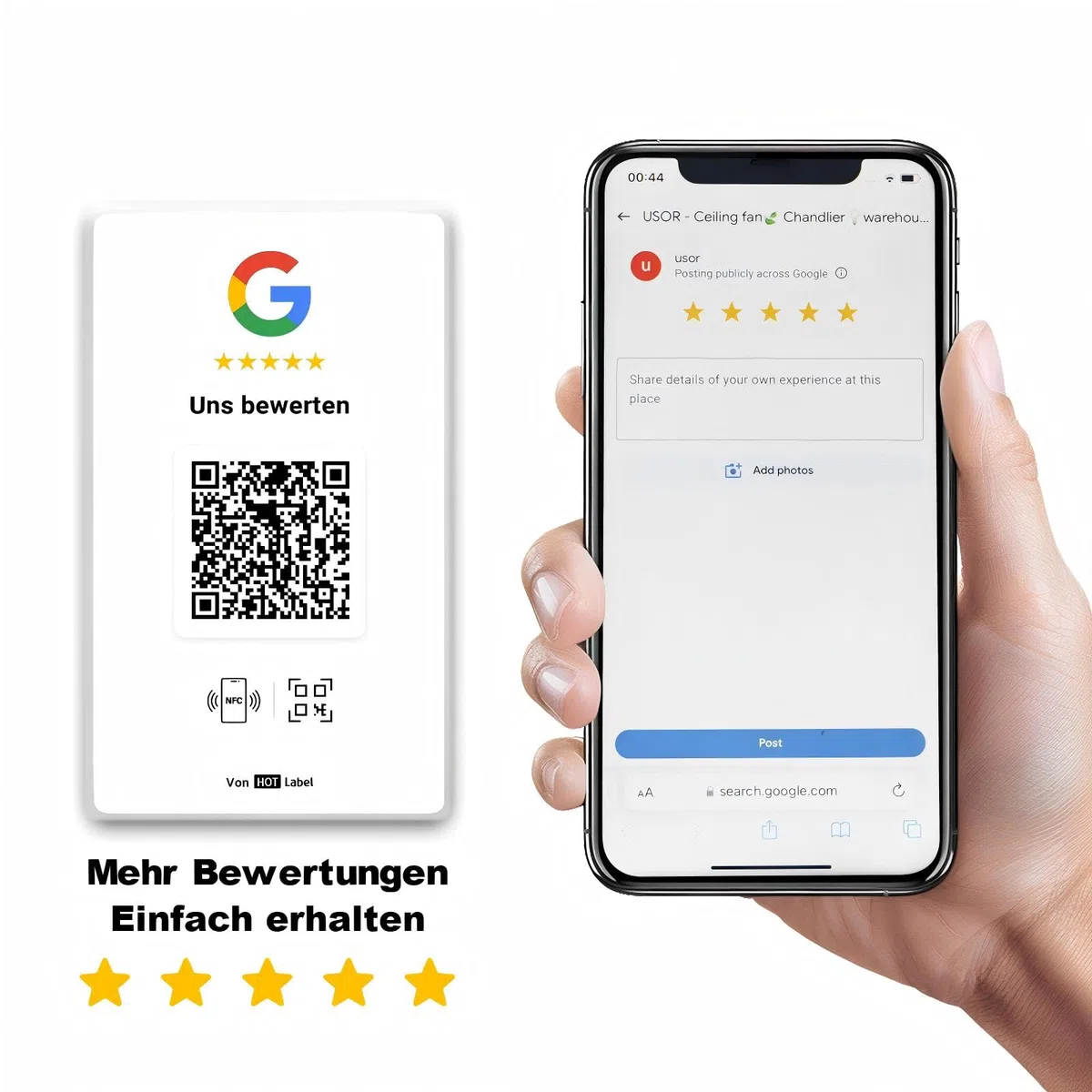 HotLabel – Google Bewertungskarte 5er-Set – Weiß – NFC & QR-Code – 5 unabhängige Bewertungslinks (für 1–5 Geschäfte) – Kompatibel mit allen Smartphones – Keine App, kein Abo