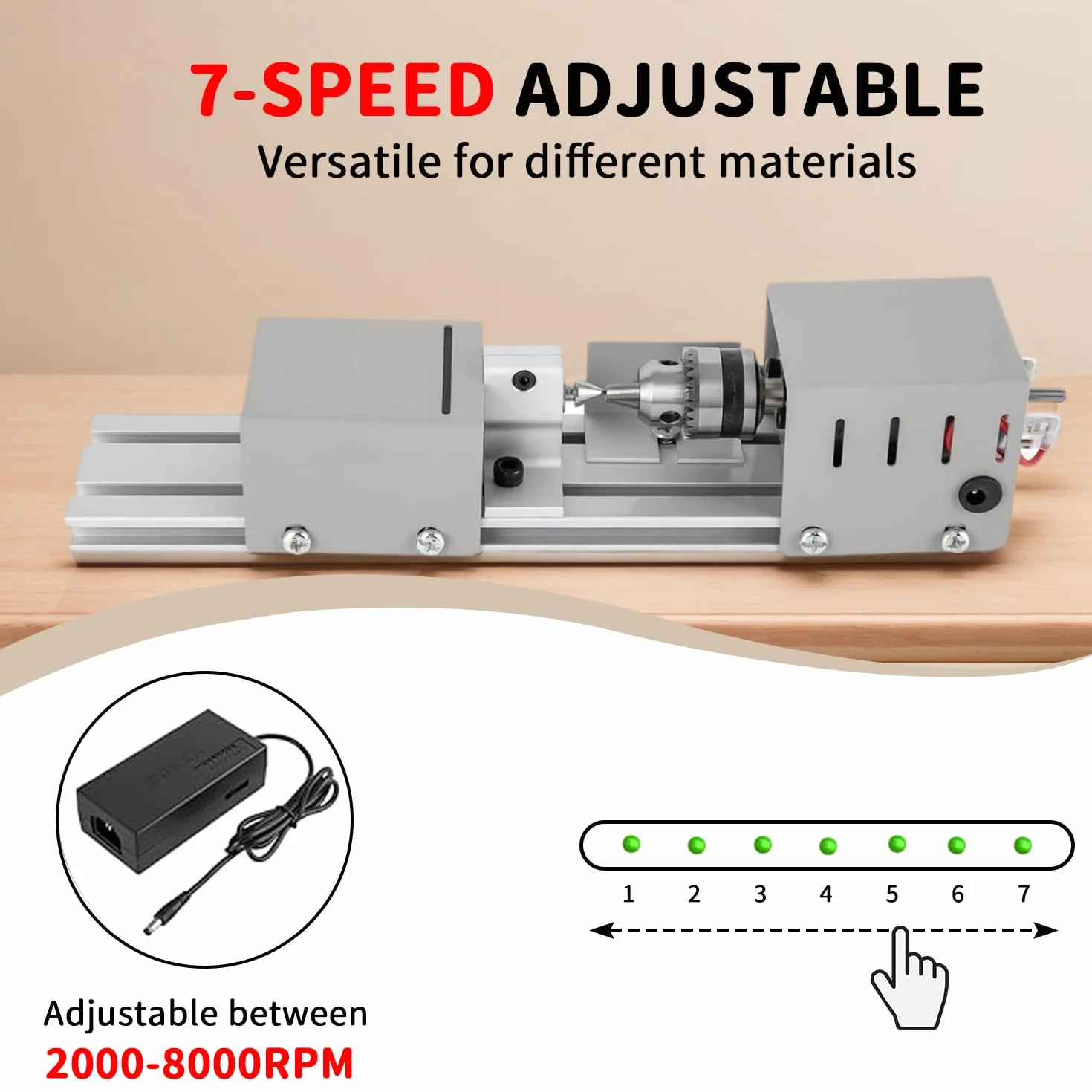 Mini Drehmaschine, Drehbank 2000-8000U/min, Metall Kleine Drehbank mit 7 Gang Einstellung, Klemmbereich von 0.02-0.24 Zoll, Drehmaschine Metall für Dreh, Einstech, Schleif