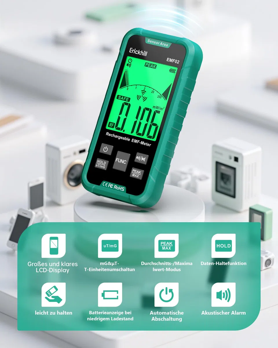 ERICKHILL EMF Messgerät, 3-in-1 Tragbares Elektrosmog Messgerät & Geisterjagd Equipment für RF, EF, MF & WLAN, Strahlungsmesser mit 3-Farben Alarm, Wiederaufladbarer Akku für Zuhause, Büro & Outdoor