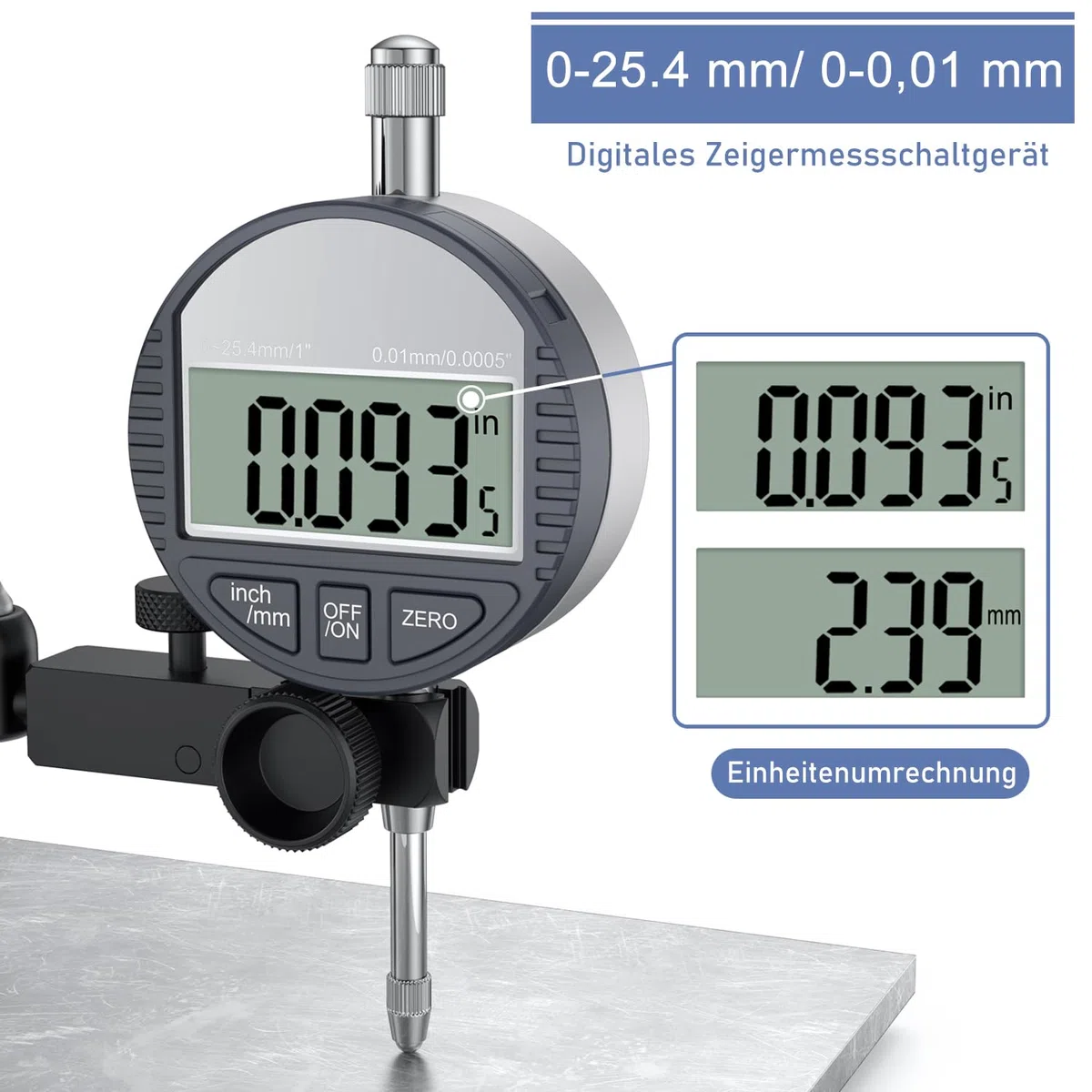 Digital Messuhr 0-25,4mm und Magnetfuß mit Zentralklemmung, 80kg Maximale Zugkraft,Zoll/Metrische Umrechnung, Ideal für Automobilgebrauch, 3D Drucker und Kalibrieren Werkstattmaschinen